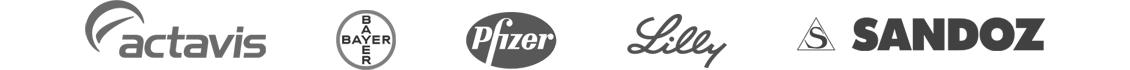 Logos der Arzneimittelhersteller, deren Produkte Medikaat liefert: Actavis, Bayer, Pfizer, Lilly und Sandoz.